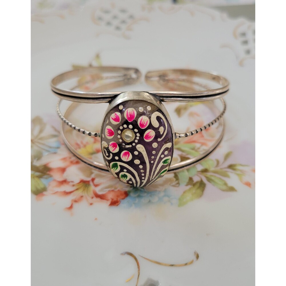 Hand-Painted Amethyst Cuff Bracelet - Artisan Floral Miniature - Bohemian